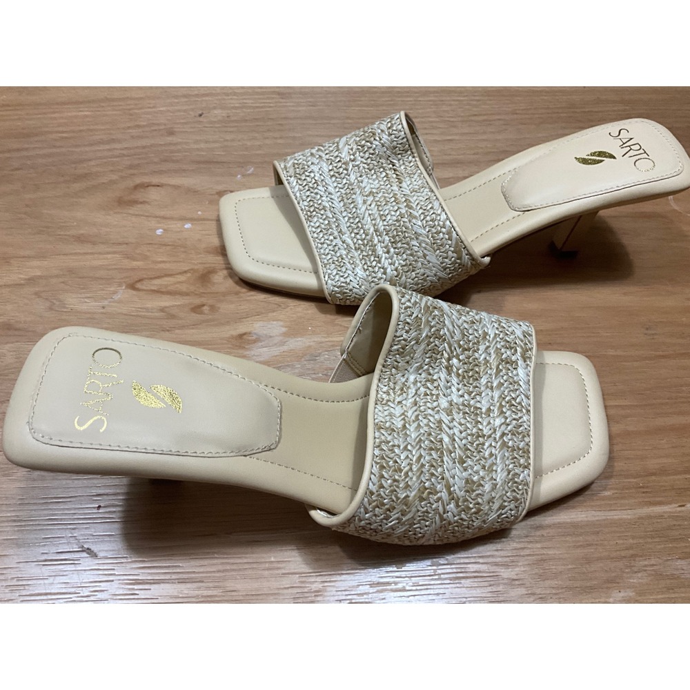 Sarto Franco Sarto Betty2 Beige Woven Raffia Kitten Heel Mules Square Toe 9.5M